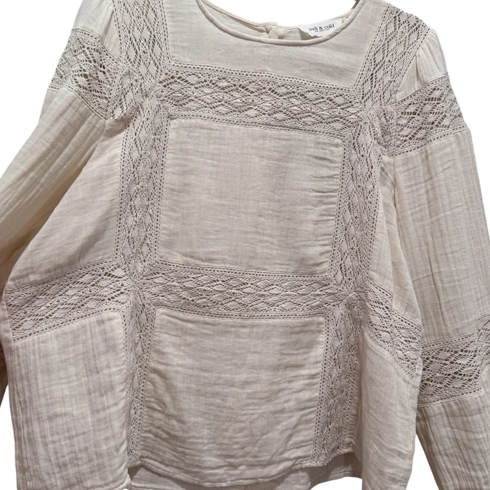 Indi & Cold Cotton Gauze Long Sleeve Top Boho Cottage Prairie Peasant Cream XL